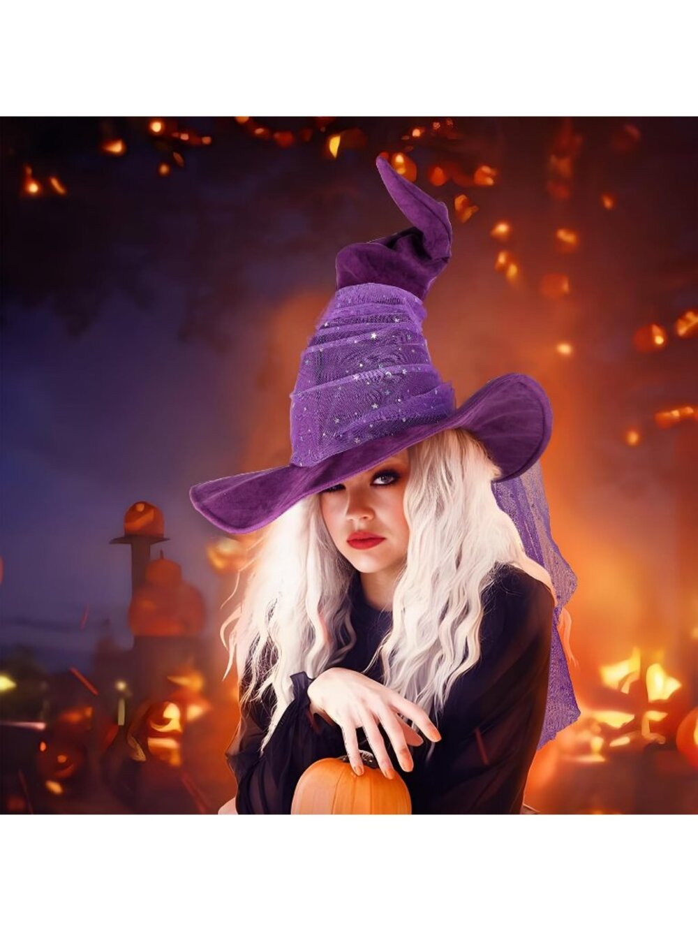Women's Purple Mesh Halloween Witch Hats Cosplay Costume Accessory For Party - Picture 6 of 7